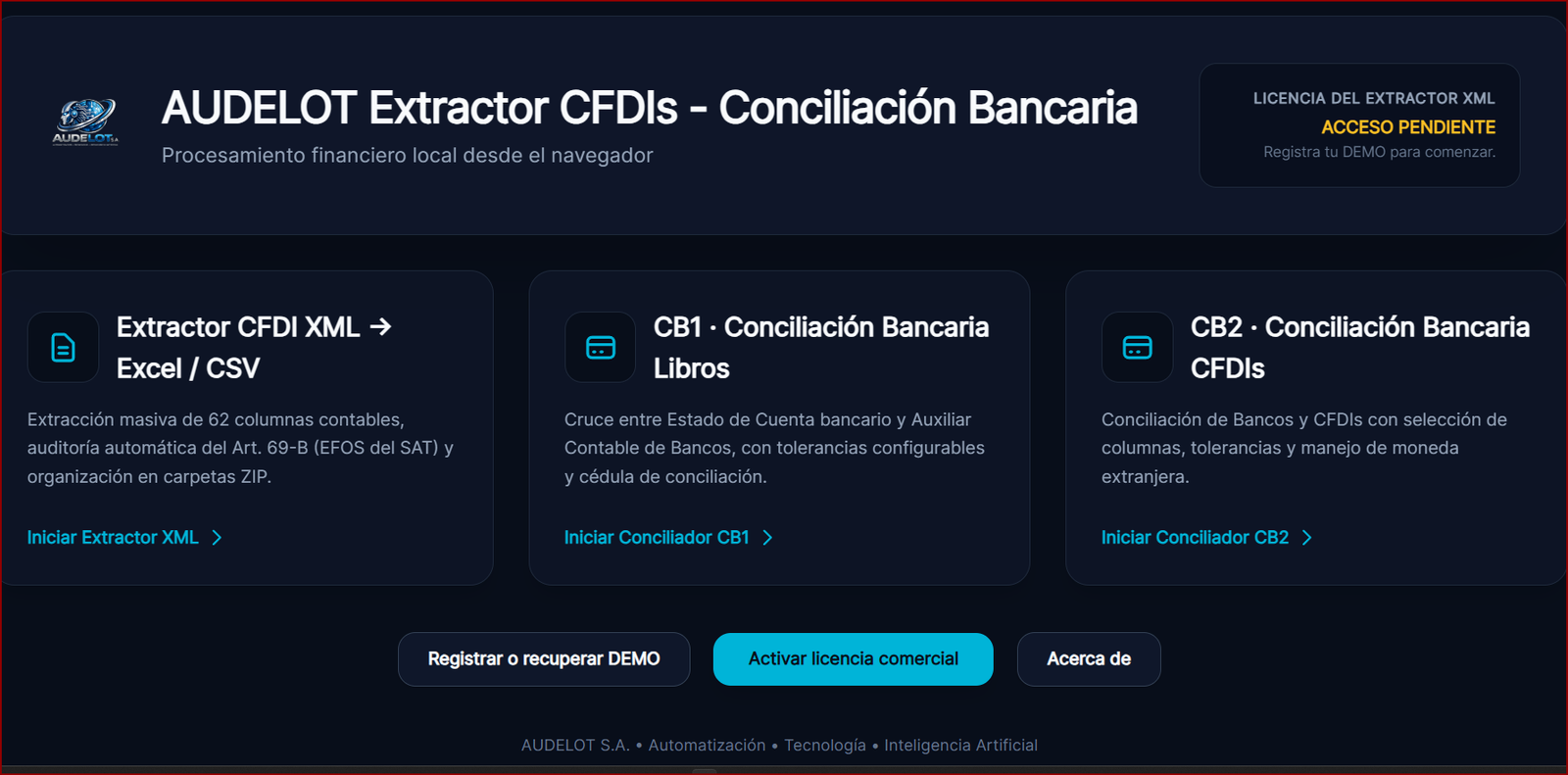 Pantalla del menú de CB0 con Extractor XML y conciliadores CB1 y CB2
